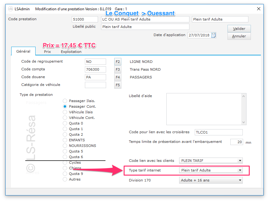 Fenêtre de modification de la prestation